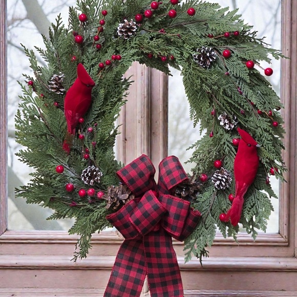 20 Inch Grapevine Holiday Winter Faux Cedar Wreath With Red Cardinals - Picture 2 of 7